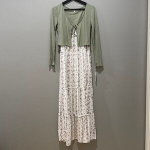 Wallflower Cream Floral Tiered Maxi Dress With Green Crop Cardigan Size M